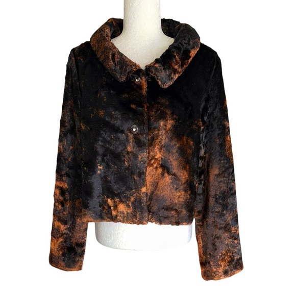 Anthropologie Tulle Black & Brown Faux Fur Collared Crop Jacket Coat - XL - Picture 12 of 12